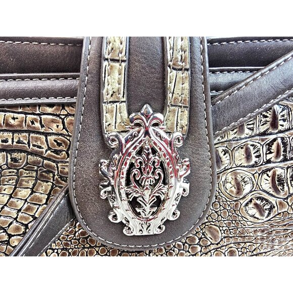 Vtg M.C. Metallic Croc Embossed Faux Leather Crossbody Bag Ornate Silver Tassel - Picture 3 of 15
